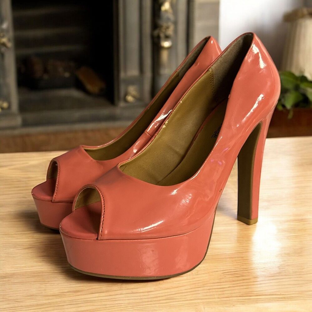 Diva Lounge Paloma 2 Hot Coral Patent Peep Toe Platform Pumps Women’s Size 8